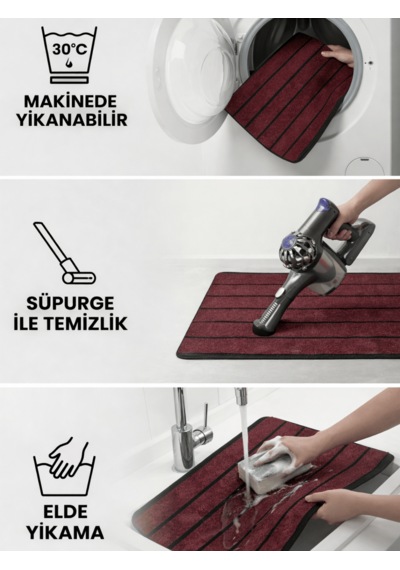 Beylini Şerit Desenli Kapı Önü Paspası Kaymaz Taban Dayanıklı Su Geçirmez Emici Nem Toz Uv Dayanıklı 45x70cm Bordo