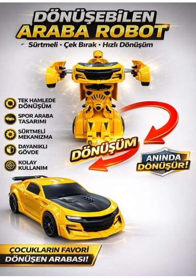 Robota Dönüşen Araba - Tek Hamlede Otomatik Dönüşüm, Sürtmeli Mekanizma Sarı Spor Araba Robot Oyuncak