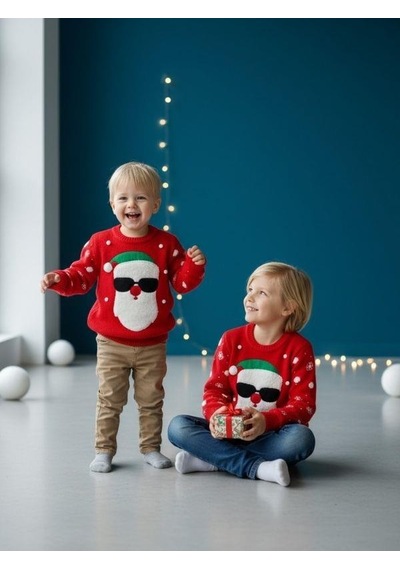 Zekids Çocuk Yılbaşı Temalı Noel Babalı Kırmızı Kazak-16584 Kırmızı
