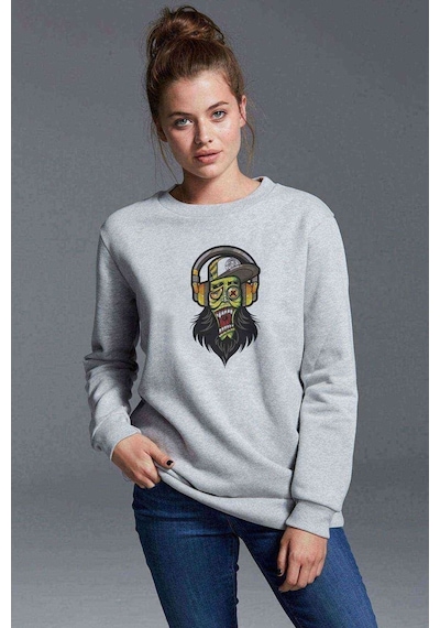 Dj Zombie Skull Baskılı Gri Kadın Sweatshirt