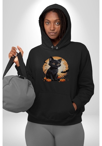 Cadılar Bayramı Kedi Kadın Erkek Siyah Kapüşonlu Sweatshirt Hoodie Siyah