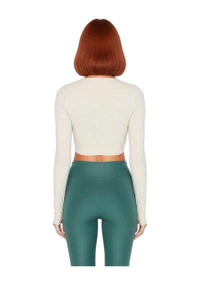 Ersefa Moda Bisiklet Yaka Örme Fit Düz Desen Sportswear Crop Uzun Kol Bl Taş