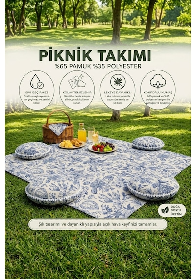Mavi Beyaz Çiçek Desenli Piknik Örtüsü Ve 4'lü Yuvarlak Minder Takımı Leke Tutmaz Bahçe Örtüsü Çok Renkli Mavi Beyaz Çiçek Desenli Piknik Örtüsü Ve 4'lü Yuvarlak Minder Takımı Leke Tutmaz Bahçe Örtüsü Çok Renkli