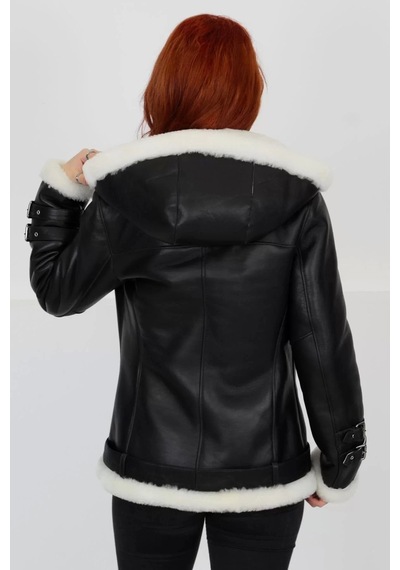M M Marki Marki Siyah Kapüşonlu Hakiki Deri Kaban, Içi Beyaz Kürklü, Kemerli , Winter Elegance - 70 Cm - 103022