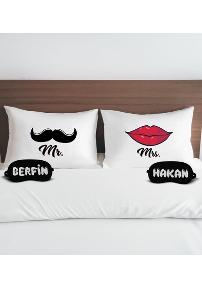 Bk Gift Kişiye Özel Mr Mrs İsimli Tasarımlı Pamuklu Yastık Kılıfı Ve Göz Bandı Çift Uyku Seti-2, Tasarım Ev Tekstili, Uyku Bandı, Ev Hediyesi