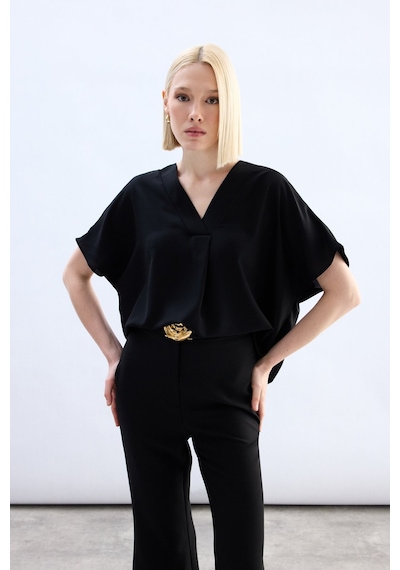 Sateen Geniş Kısa Kollu Bluz - Siyah-136758 Siyah