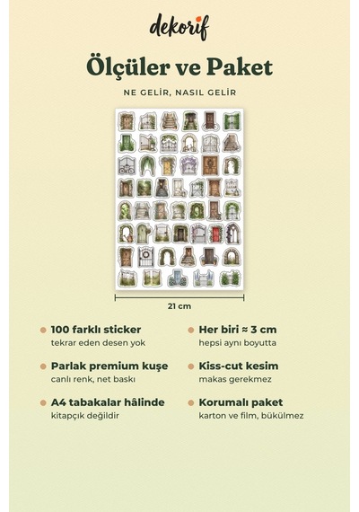 Bahçe Kapısı Ve Avlu Sticker Seti 100 Adet - Rustik Kapı Çiçekli Giriş Suluboya Ajanda Çıkartma Çok Renkli