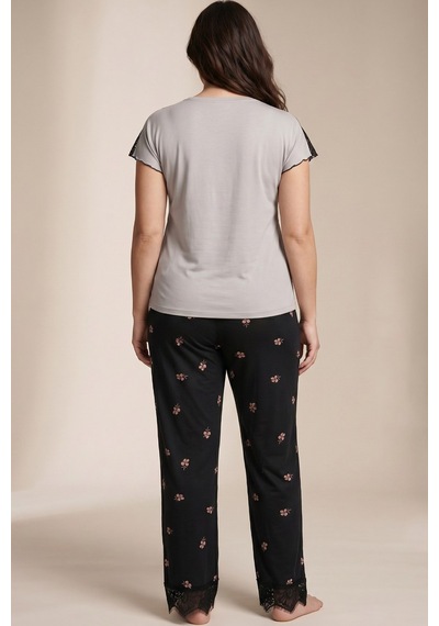 Siyah İnci Dantelli Büyük Beden Battal Viskon Örme Pijama Takım 8066 Açık Gri