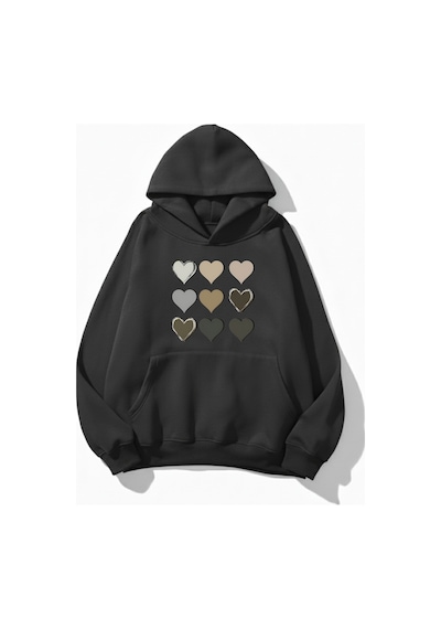Uyguntarz Unisex Yumuşak Dokulu 9'lu Kalp Baskılı Tasarım Oversize 3 İplik Hoodie Sweatshirt Gri