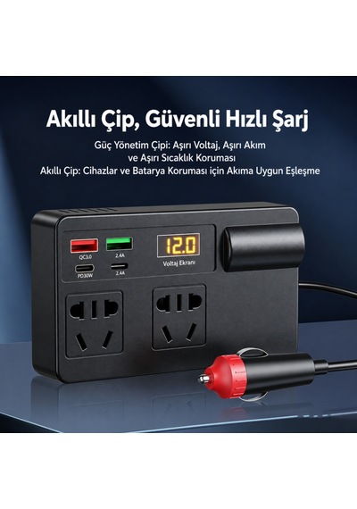 Coofbe 200w Araç İnverteri 12v 24v 220v Güç Dönüştürücü 2 Priz Pd30w Type-c Qc3.0 Hızlı Şarj Dijital Ekran