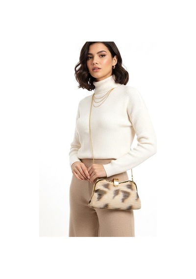 Genel Bej Desenli Suni Kürk Zincirli El Ve Omuz Clutch Portföy Çanta