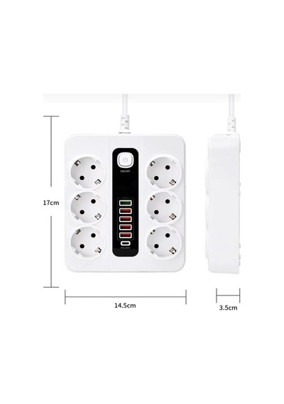 6'lı Grup Priz 4xusb 2xtype-c Çıkışlı Isıya Dayanıklı Power Tuşlu 2 Mt Kablolu Priz Çoğaltıcı Standart