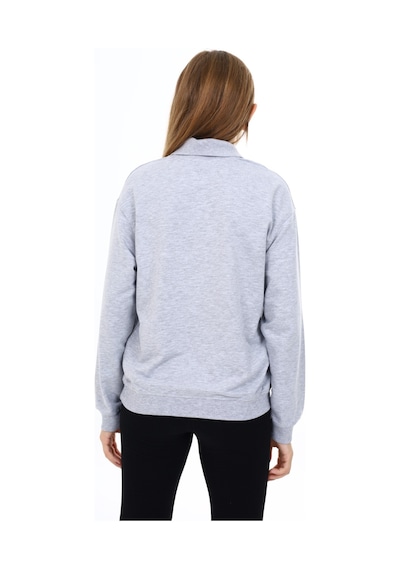 Toontoy Kız Çocuk Oversize Polo Yaka Düşük Omuz Nakış Baskılı Sweatshirt - 2 İplik Gri