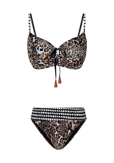 Bonesta Ozero Kahve Leopar Desenli Büzgülü Balenli Bikini Takımı Leopar