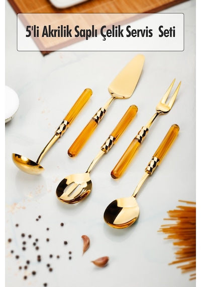 5 Parça Gold Servis Seti & Servis Sunum Seti Amber Kepçe / Kevgir / Sıpatula / Çatal / Kaşık Amber