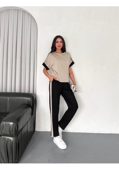 Etiler Collection Kadın Modal Dokulu Kumaş Yanı Şeritli Takım Siyah - Krem