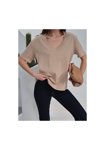 Paw Garage Kadın Massi İnterlok Kumaş V Yaka Oversize T-shirt Bej