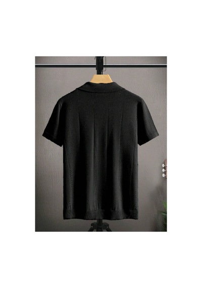 Cool Tarz Erkek Siyah Çizgili Kısa Kollu Triko T-shirt Siyah Siyah