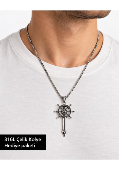 316l Çelik Dümen Figürlü Erkek Kolye Gümüş Renk Uzun Zincirli Denizci Tasarım Altın - Gümüş