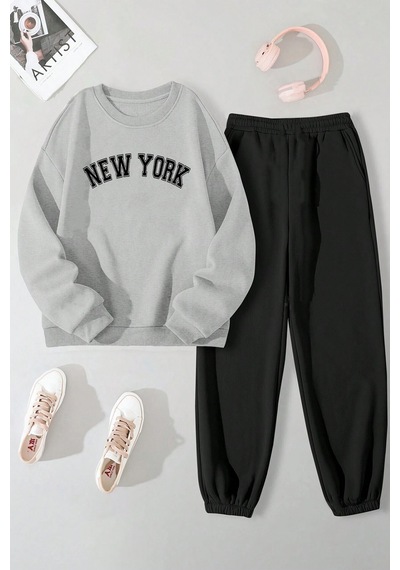 Uyguntarz Newyork Baskılı Unisex Eşofman Takımı Gri