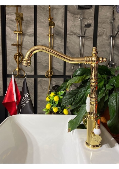 İsaoğlu Yapı Altın 3 Yollu Mutfak Bataryası Gold Zen Design Arıtmalı Rustik Mutfak Bataryası Evye Musluğu Gold