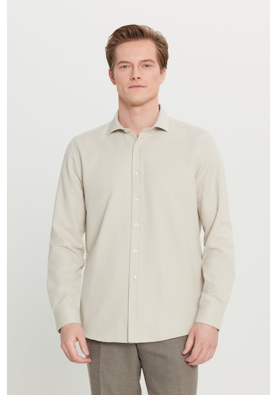 AC&Co / Altınyıldız Classics ERKEK BEJ Kolay Ütülenebilir Slim Fit Dar Kesim İtalyan Yaka Armürlü Gömlek Bej