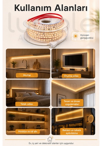 6 Metre 220v Günışığı Şerit Led Hazır Fişli Tak Çalıştır Silikonlu Yapışkanlı