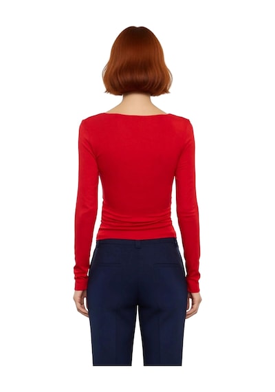 Ersefa Stil Kadın Fitted Vücuda Oturan Büzgü Drape Detaylı Esnek Bluz Cr Kırmızı
