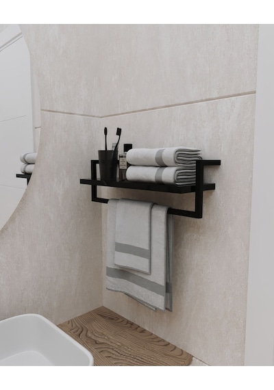 Aju Havluluk Siyah Duvara Monte Raf Aksesuarlık Şal Askılığı Banyo Mutfak Düzenleyici Çok Amaçlı Raf Siyah