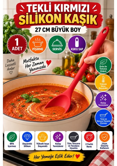 Tekli Kırmızı Büyük Boy Silikon Kaşık 27 Cm Mutfak Yemek Pişirme Ve Servis Kaşığı Evde Kullanım İçin