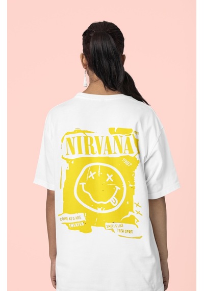 Tasarım Nirvana Rock Metal Sırt Baskılı Unisex Oversize Müzik Gru Beyaz