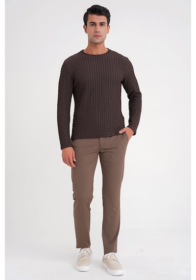 Efor Slim Fit Esnek Pamuklu Dokulu Kumaş Uzun Kollu Kahverengi Tişört Ts 934
