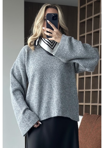 Laluvia Gri Bisiklet Yaka Kazak - 04621 Gri