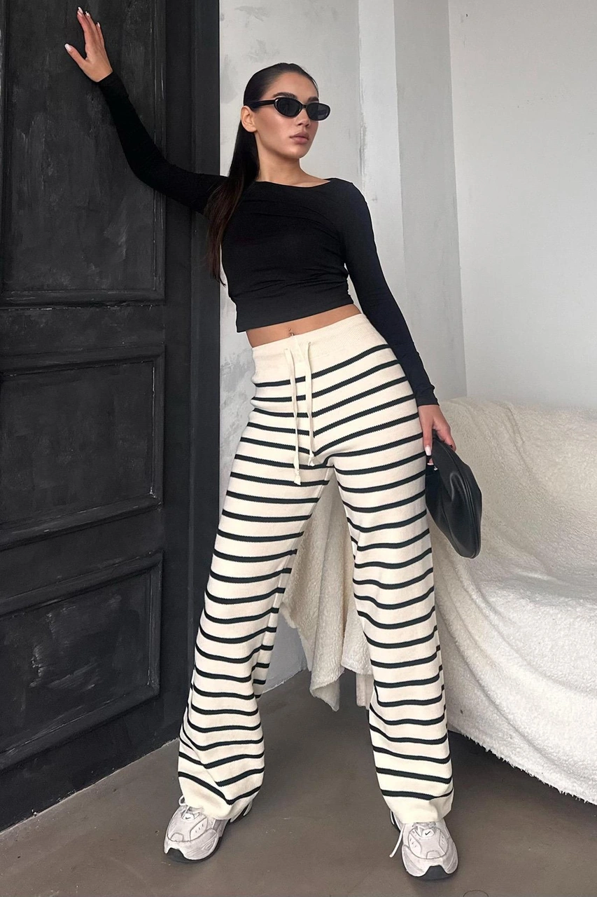 Madmext Ekru Çizgili Kadın Triko Pantolon Mg2342 Ekru