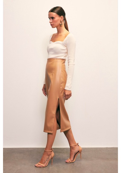 Sateen Yan Yırtmaçlı Deri Etek - Camel
