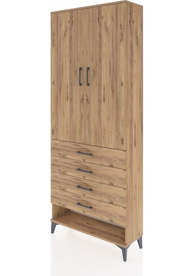 Arges Dolap 2 Raflı 4 Çekmeceli Tek Askılı 88x30x221 Çam-çam Çam