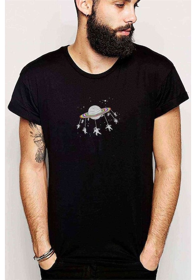 Salıncak Astronaut Baskılı Siyah Erkek Tshirt
