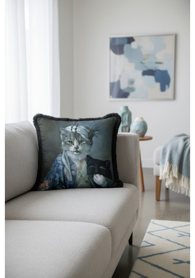 Avangart Kedi Portresi Saçaklı Yastık Kılıfı - Maskeli Figür Nostaljik Siyah Püsküllü Kırlent Kılıfı Tozlu Okyanus Taba Avangart Kedi Portresi Saçaklı Yastık Kılıfı - Maskeli Figür Nostaljik Siyah Püsküllü Kırlent Kılıfı Tozlu Okyanus Taba