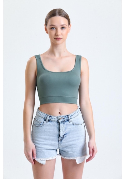 Thiff Gymwear Yeşil Fitilli Kare Yaka Esnek Örme Crop Büstiyer Atlet Haki