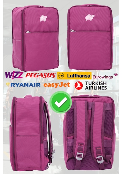 Jet Turtle Seyahat Sırt Çantası 40cm 40x25x15 Cm Pegasus, Wizz Air, Ryanair, El Valizi Koltuk Altı Valizi Koyu Pembe