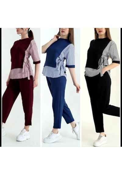 Defymoda Kadın Kristal 2 Iplik Kumaş Yanları Çizgili Takım Bordo