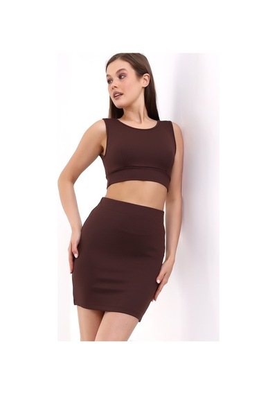 Winmoda34 Kadın Etek-crop 2li Takım Fitilli Kumaş Full Likralı Kahve