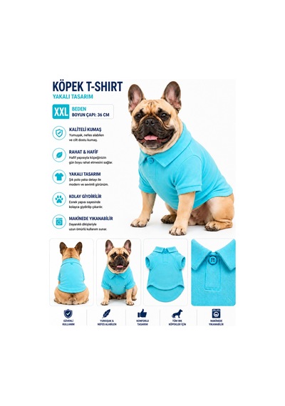 Köpek Polo Yaka Tişört Xxl Beden Boyun Çapı 36 Cm Nefes Alabilen Kumaş - Mavi