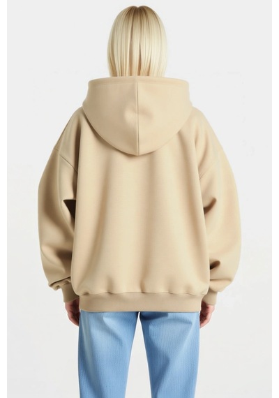 Ersefa Kadın Kapüşonlu Pamuklu Üç İplik Unisex Sweatshirt Bağcıklı Kangu Bej