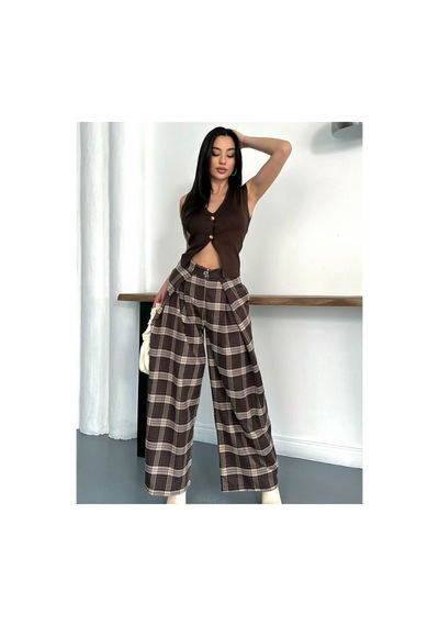 Asur Boutique Asur Butik Kadın Fular Detaylı Ekose Pantolon Kahverengi