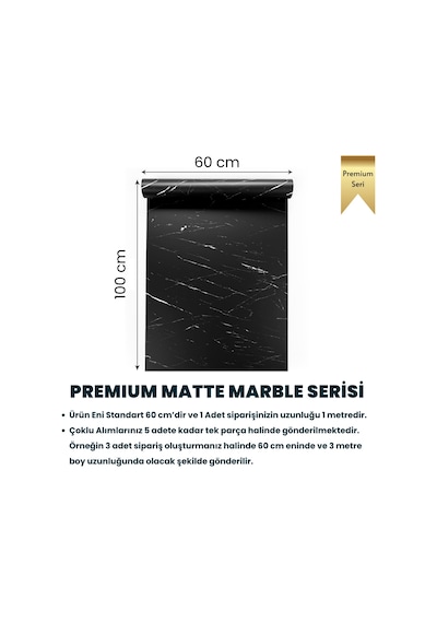 Technosmart 60x300cm Mat Mermer Desenli Kendinden Yapışkanlı Duvar Kağıdı Kaplama Mutfak Masa Folyo Siyah