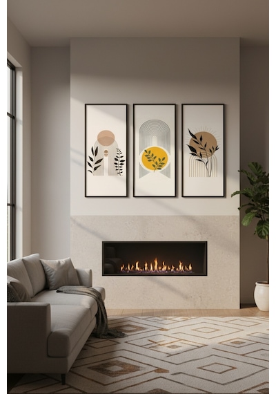 Minimalist 3 Lü Ahşap Çerçeveli Tablo Seti Modern Duvar Dekoru,