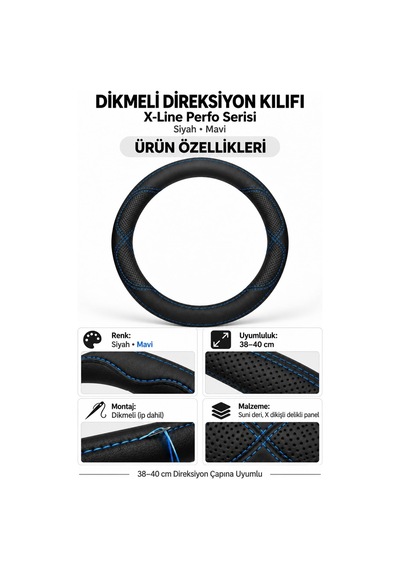 Trobus Seat Ateca 2016-2023 Uyumlu Dikmeli Direksiyon Kılıfı X-line Perfo Siyah Mavi Siyah - Mavi