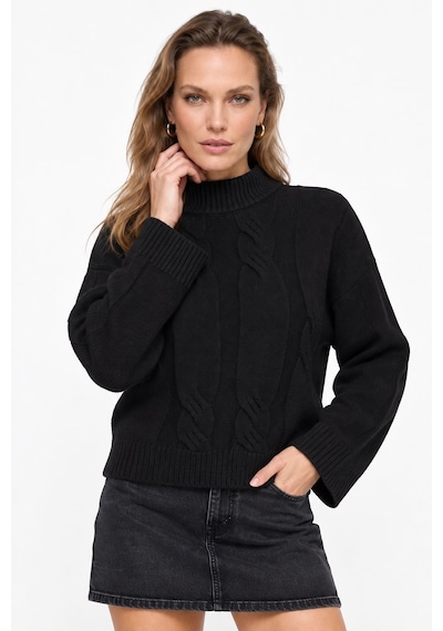 Neden Tekstil Kadın Premium Triko Saç Örgü Desenli Balıkçı Yaka Oversize Kazak - Siyah