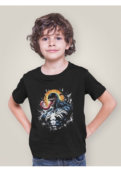 Sevbano Tasarım Venom Baskılı Unisex Film Karakteri Çocuk Tişört 1-12 Ya SIYAH